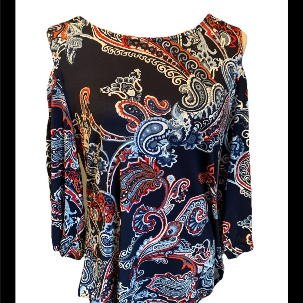 New Connection WOMENS Top Shoulders Up Or Down High Low Hem Large Blk Multi